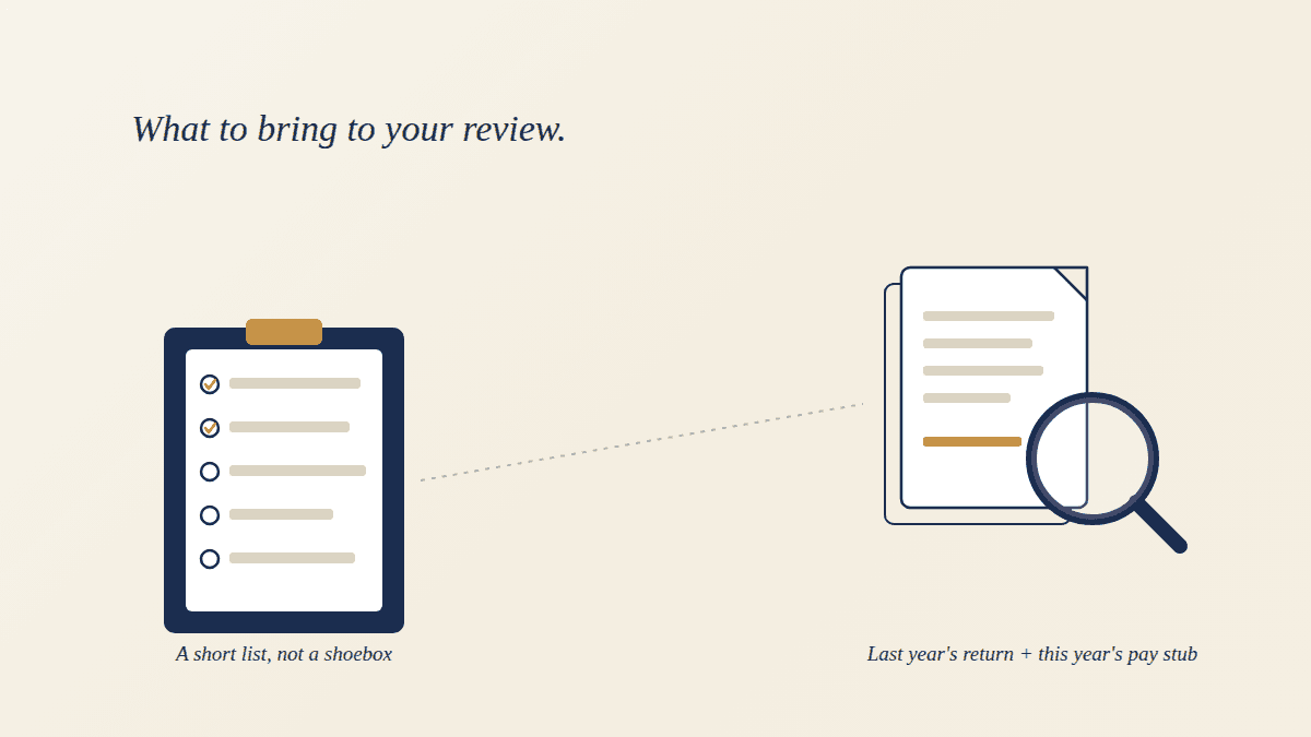 An illustration of a checklist and a small stack of documents next to a magnifying glass, representing what to prepare for a year-end tax review