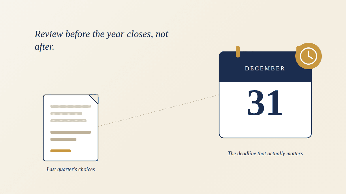 An illustration of a calendar turning from December to January beside a stack of tax documents and a magnifying glass, representing a year-end tax review